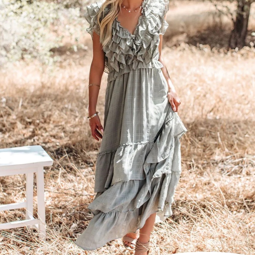 BODHI TIERED RUFFLE MAXI DRESS - SAGE
